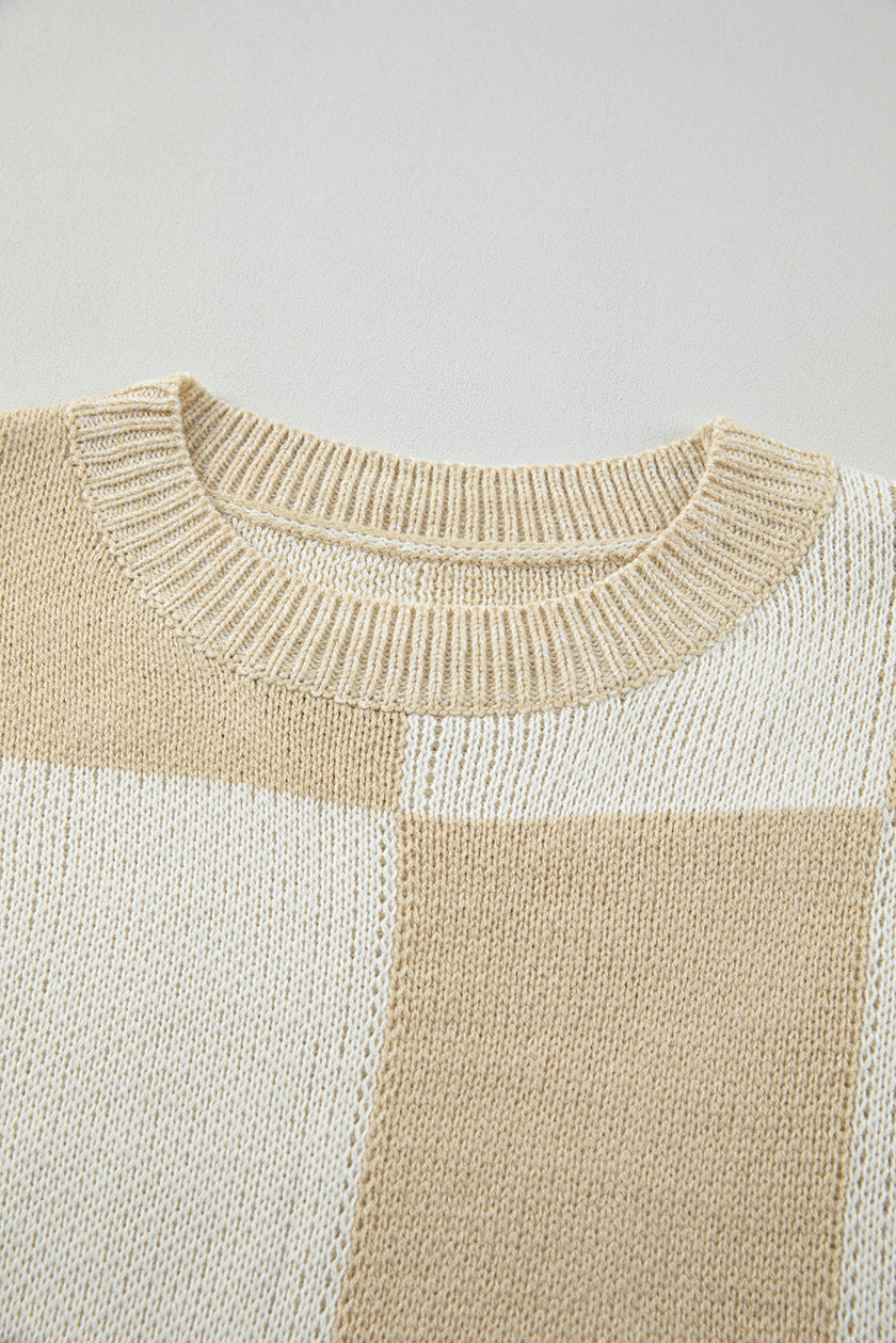 Flaxen Checkered Print Drop Shoulder Sweater