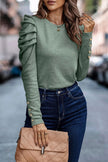 Green Buttoned Puff Long Sleeve Sheath Top