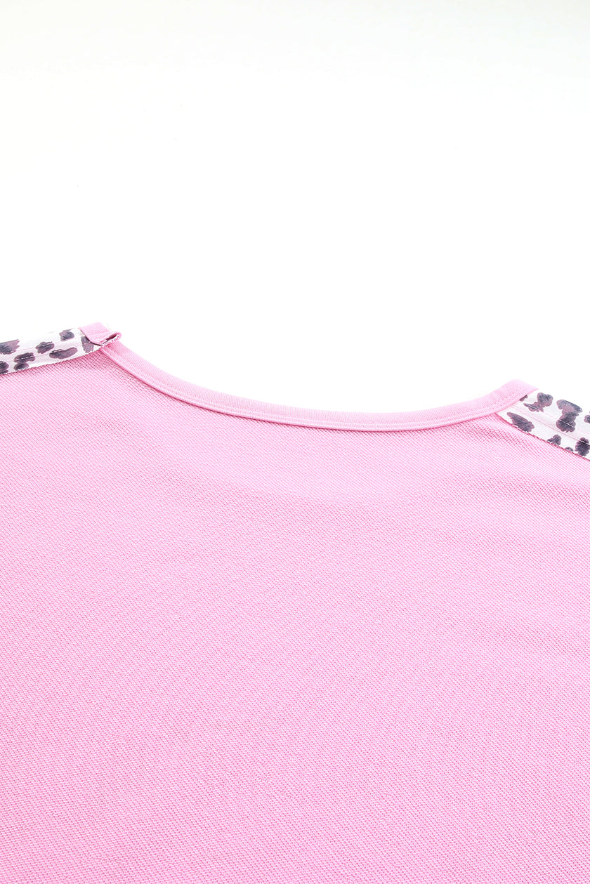 Pink Exposed Seam Leopard Splicing Plus Size Sweatshirt