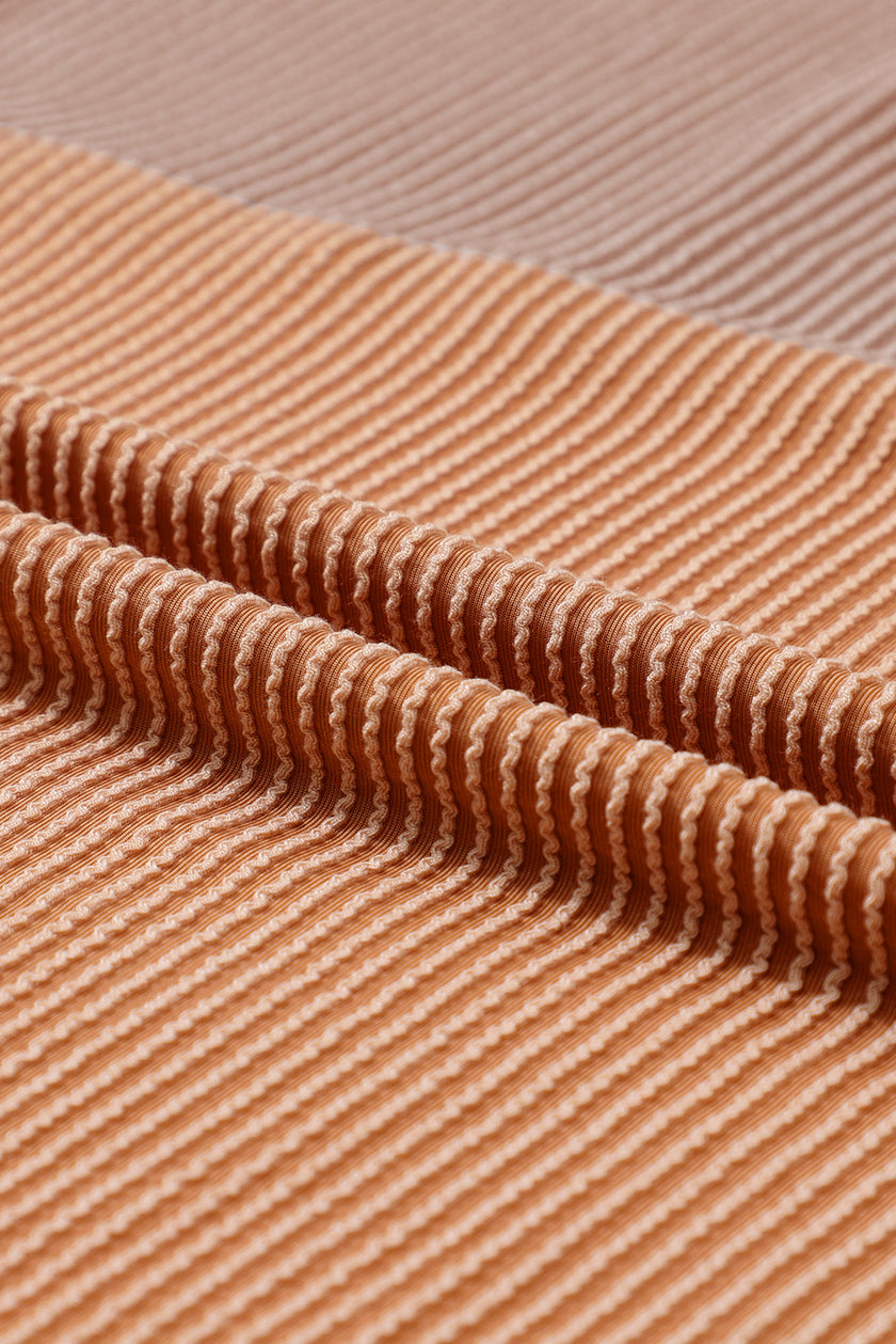 Khaki Color Block Long Sleeve Ribbed Loose Top