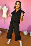 Black Textured Flutter Sleeve Top Wide Leg Pants Set