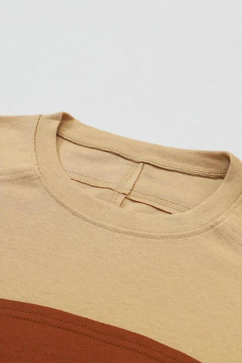 Light French Beige Colorblock Striped Bishop Sleeve Top