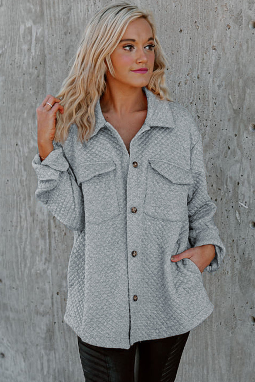 Gray Retro Quilted Flap Pocket Button Shacket