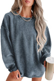 Blue Solid Ribbed Knit Round Neck Pullover Sweatshirt