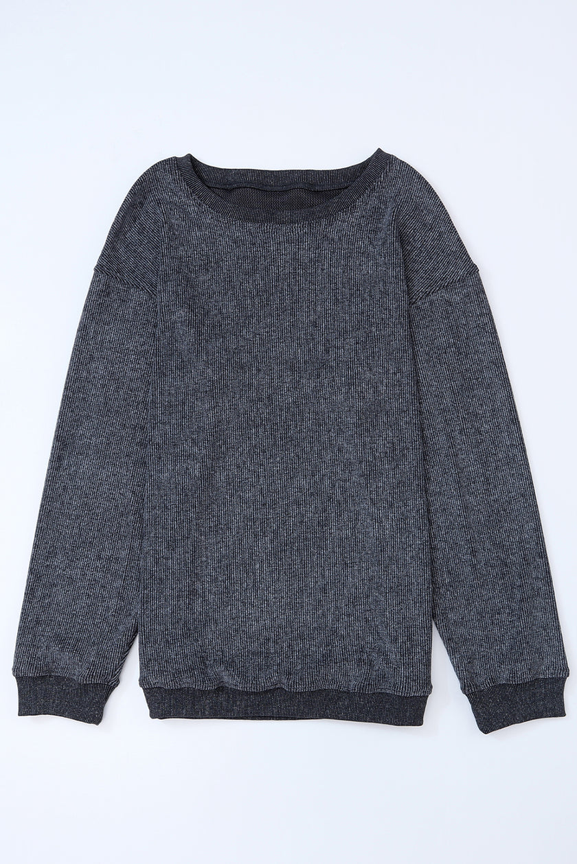 Gray Solid Ribbed Knit Round Neck Pullover Sweatshirt