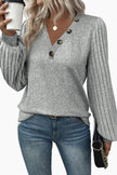 Gris clair boutonné col en V côtelé Puff Sleeve Top