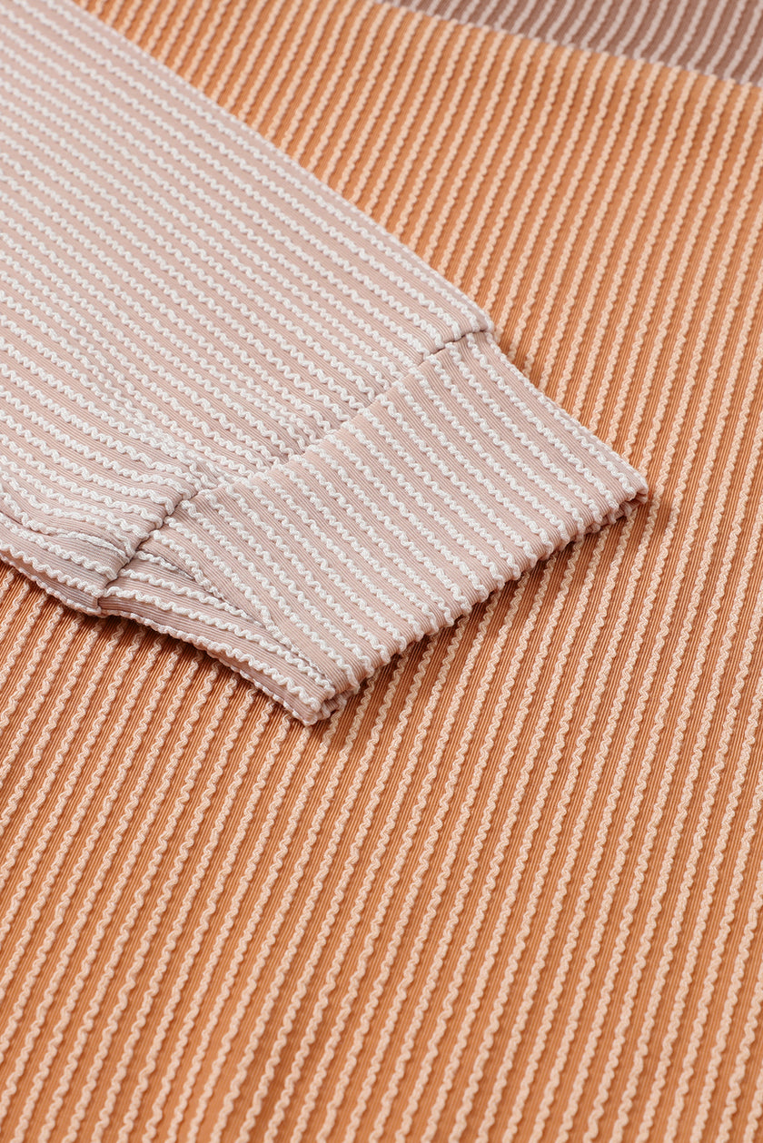 Khaki Color Block Long Sleeve Ribbed Loose Top