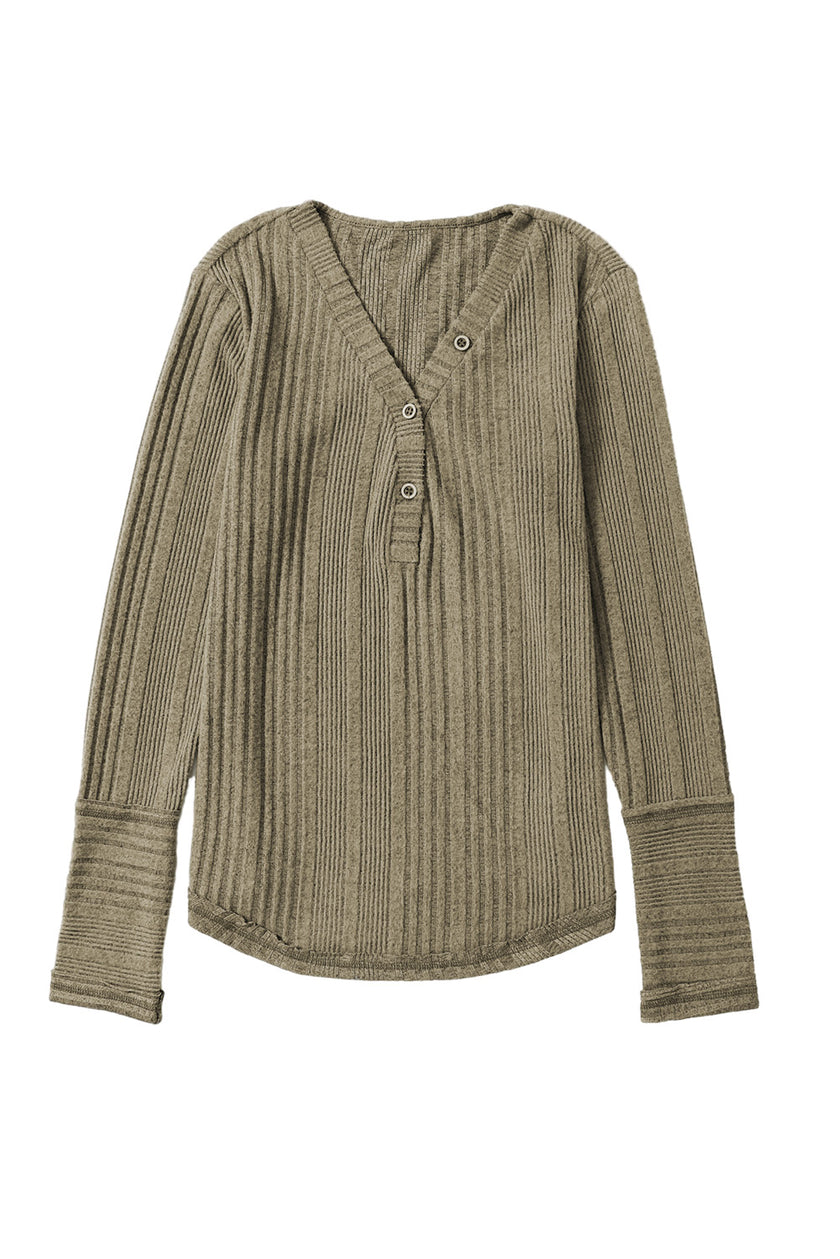 Jungle Green V Neck Buttoned Ribbed Knit Top