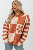 Brown Checkered Floral Print Striped Sleeve Sweater