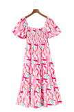 Pink Brush Stroke Printed Smocked Ruffle Tiered Dress