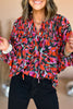 Red Dahlia Abstract Floral Shirred Detail Puff Sleeve Blouse