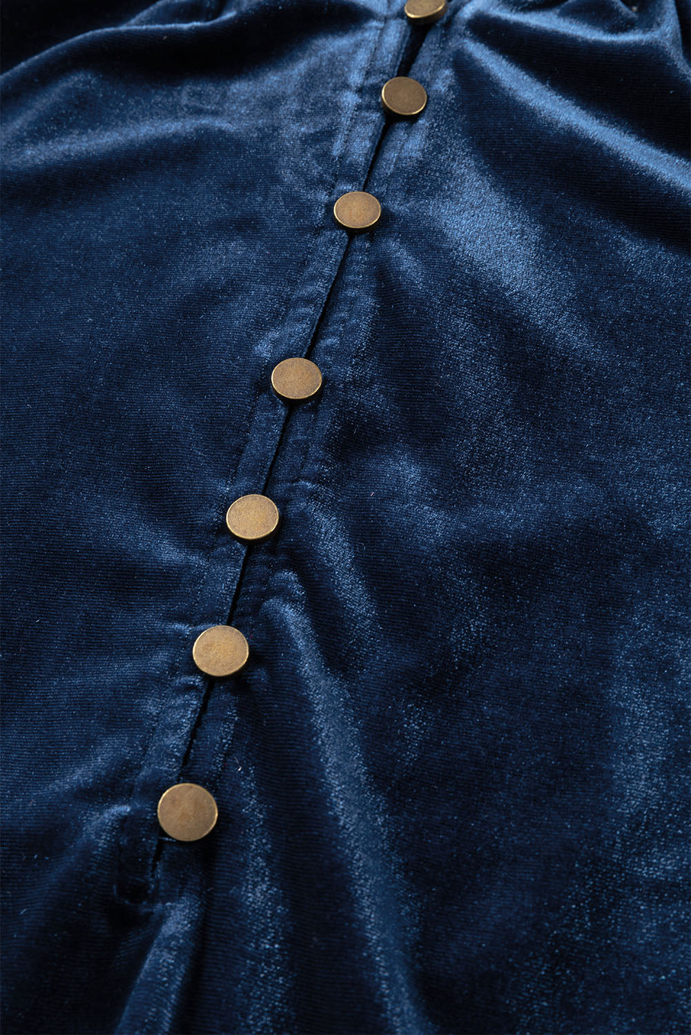 Navy Blue Frilled Neck Buttoned Front Velvet Top