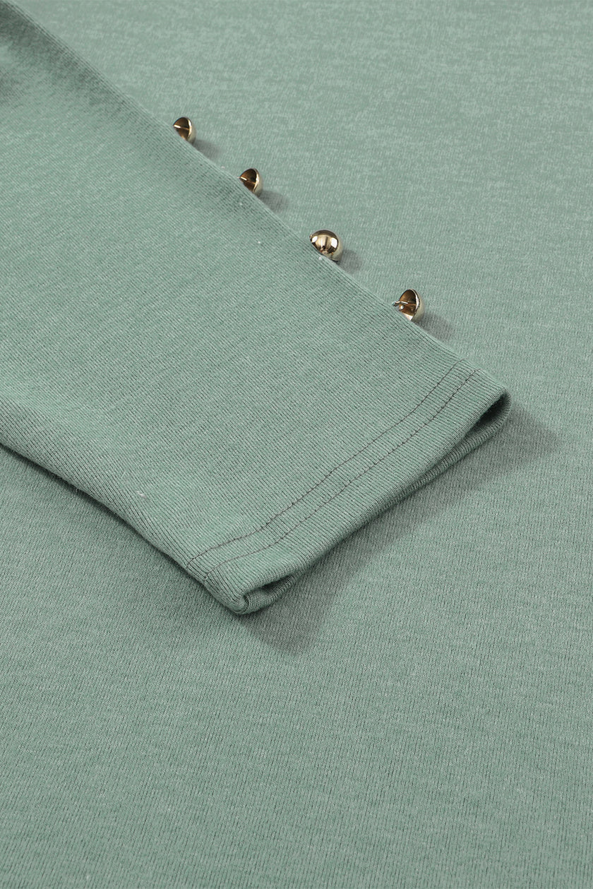 Green Buttoned Puff Long Sleeve Sheath Top