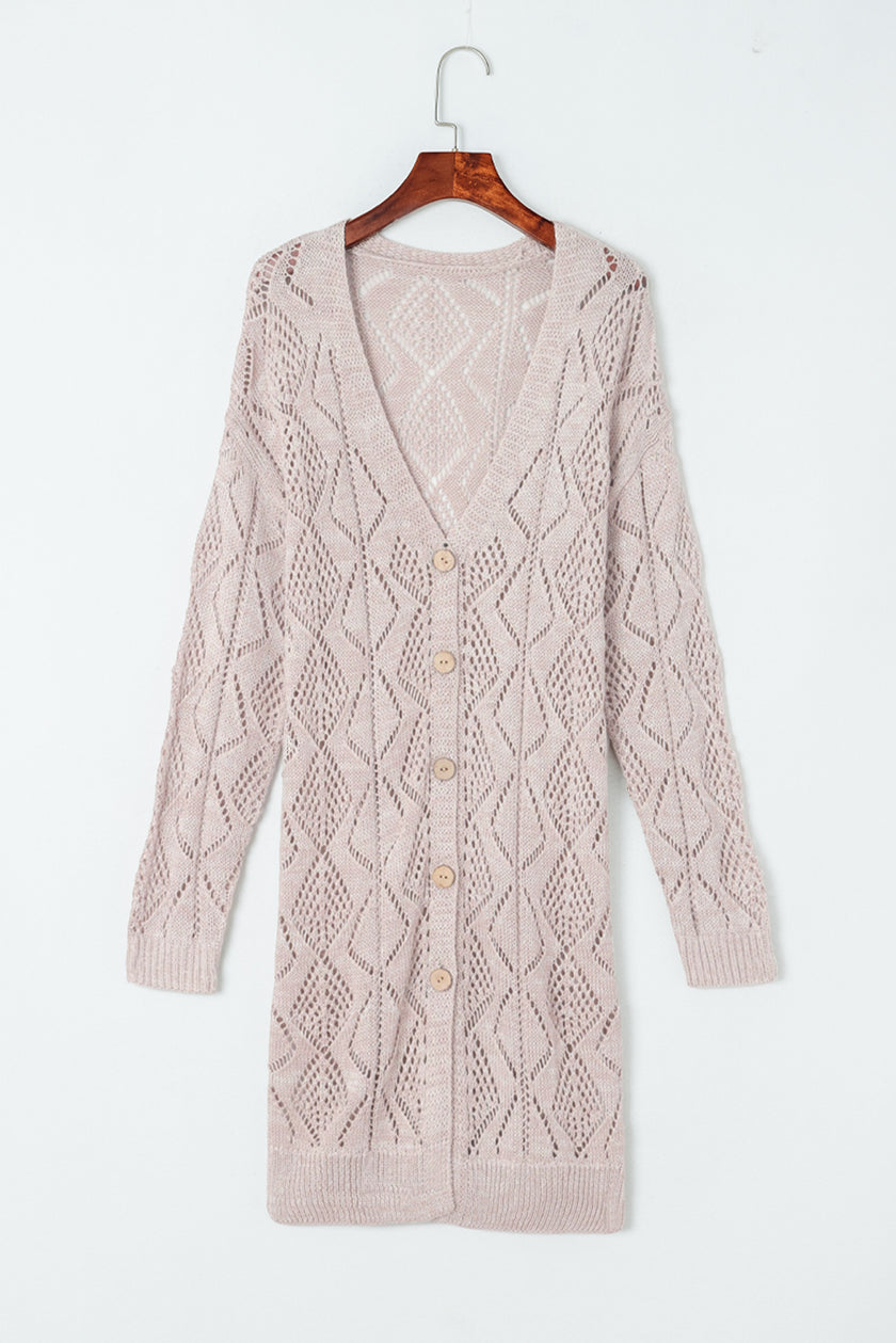 Khaki Hollow-out Openwork Knit Cardigan