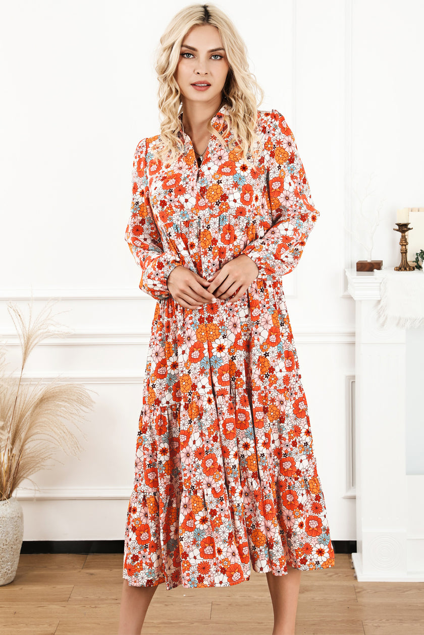 Multicolor Boho Floral Collared Long Sleeve Ruffled Dress