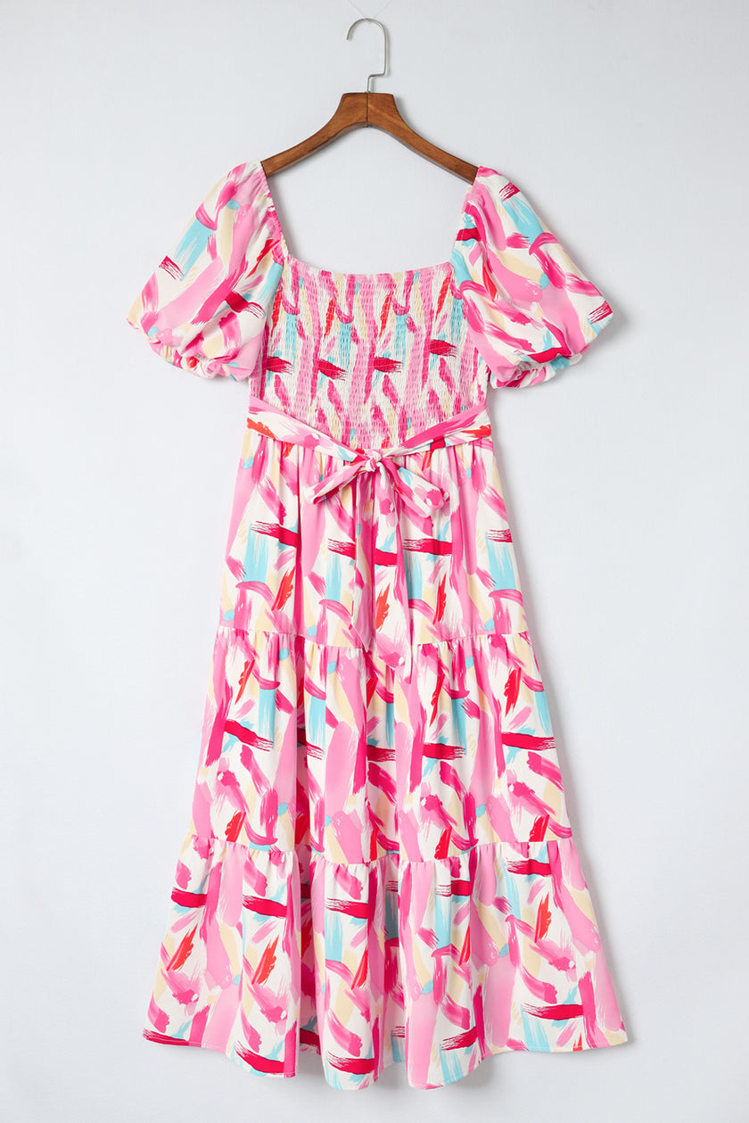 Pink Brush Stroke Printed Smocked Ruffle Tiered Dress