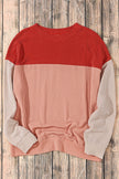Fiery Red Color Block Long Sleeve Ribbed Loose Top