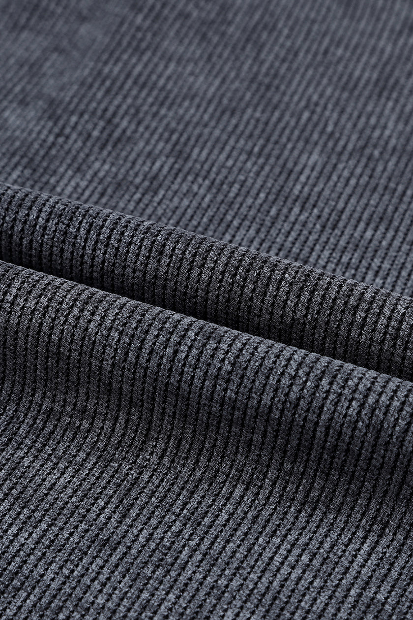 Gray Solid Ribbed Knit Round Neck Pullover Sweatshirt