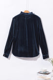 Navy Blue Frilled Neck Buttoned Front Velvet Top