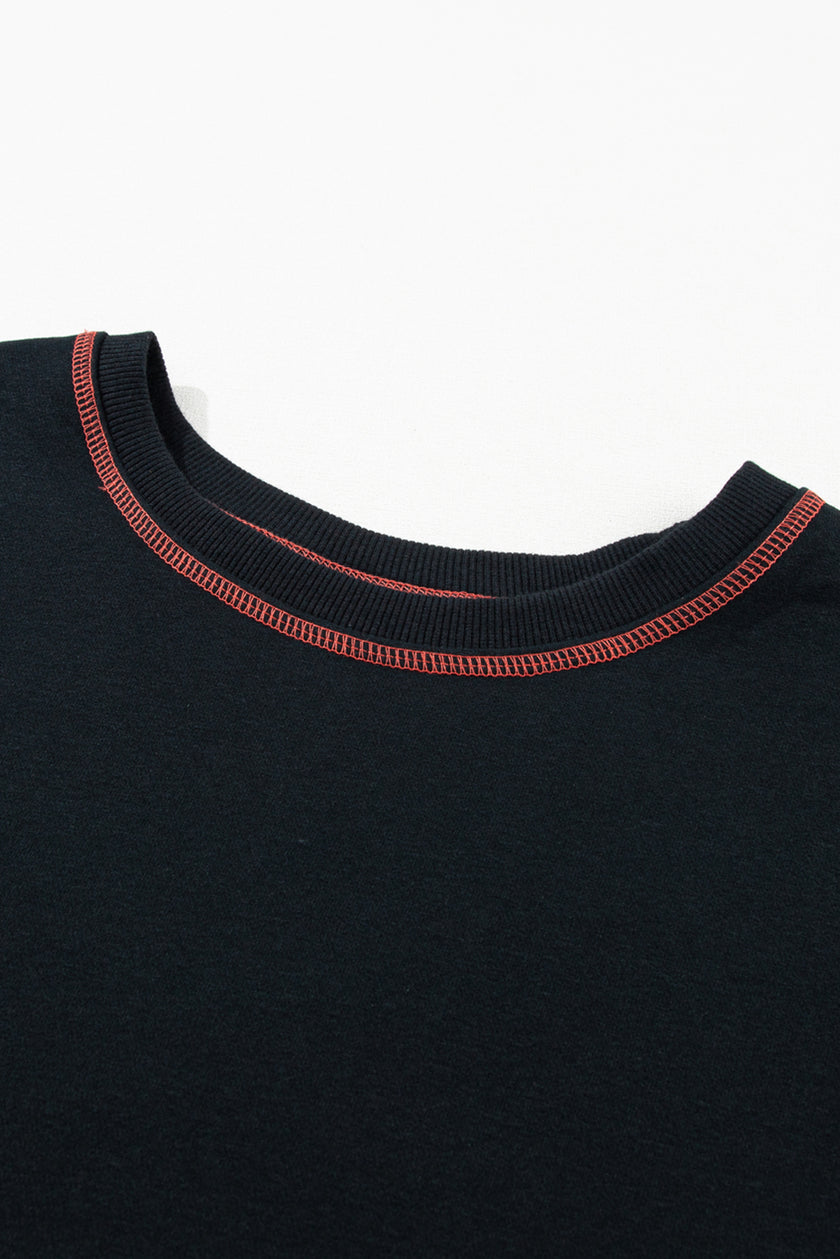 Black Contrast Stitching Split Baggy Sweatshirt